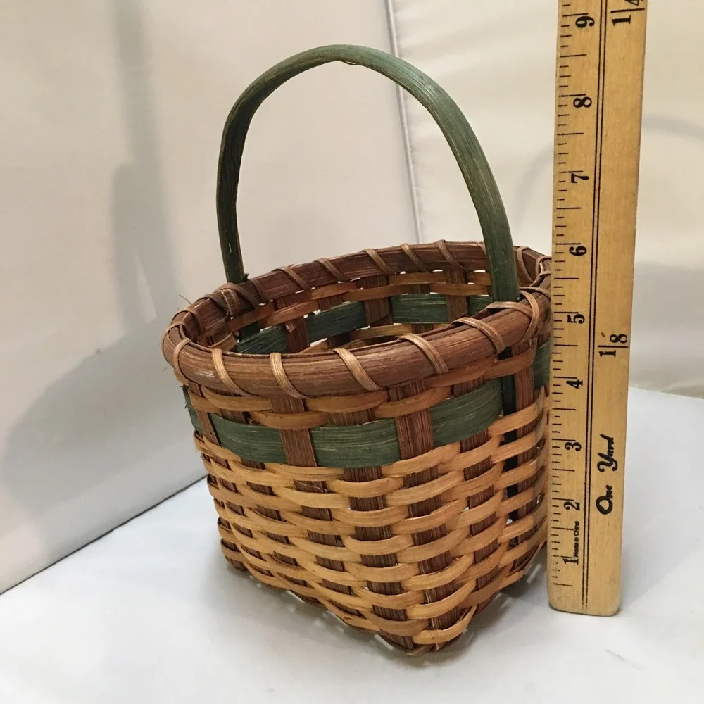 Woven Wood Basket Small Brown Green Bow Handle Rustic Decor Farmhouse Country